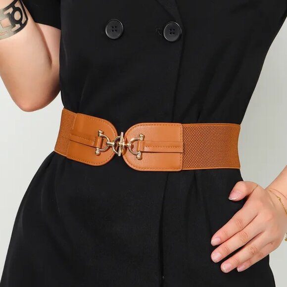2/$30  Elastic Stretch Brown Belt with Gold Buckle PU Leather For Dress Tunic - Picture 1 of 7